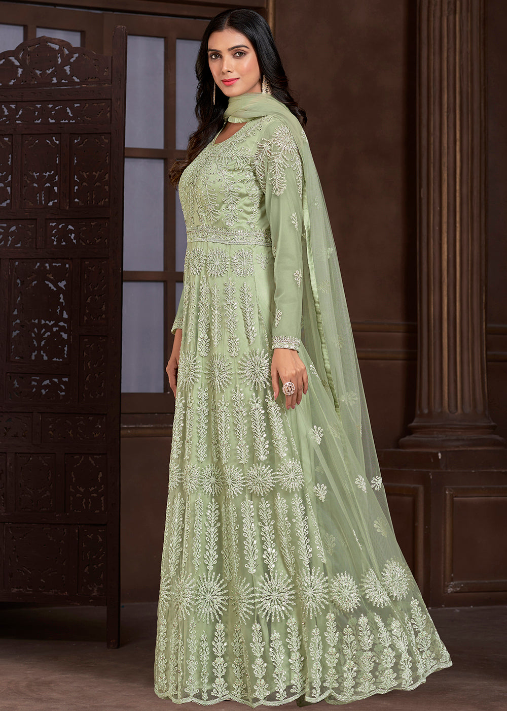 Buy Now Elegant Green Butterfly Net Designer Anarkali Suit Online in USA, UK, Australia, New Zealand, Canada & Worldwide at Empress Clothing.
