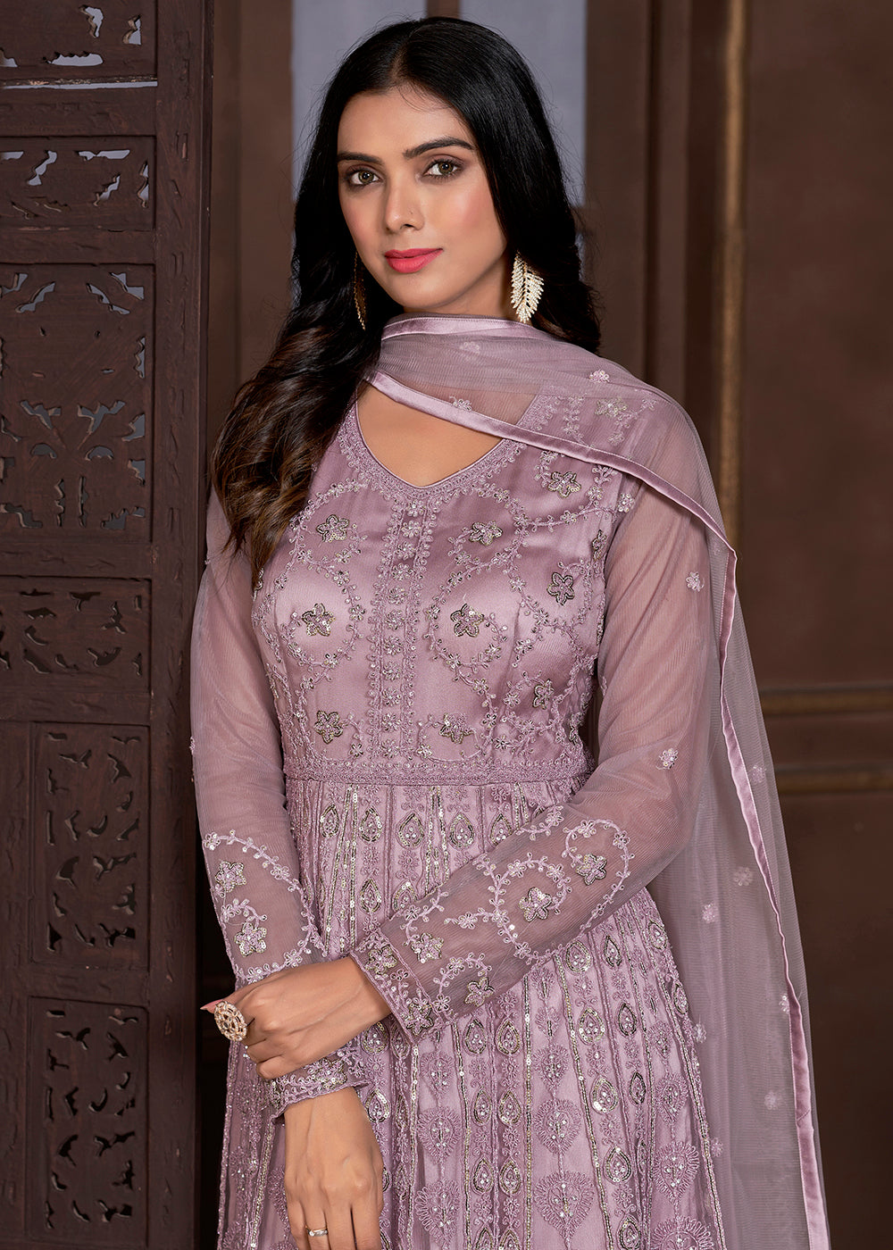 Buy Now Elegant Pink Butterfly Net Designer Anarkali Suit Online in USA, UK, Australia, New Zealand, Canada & Worldwide at Empress Clothing.