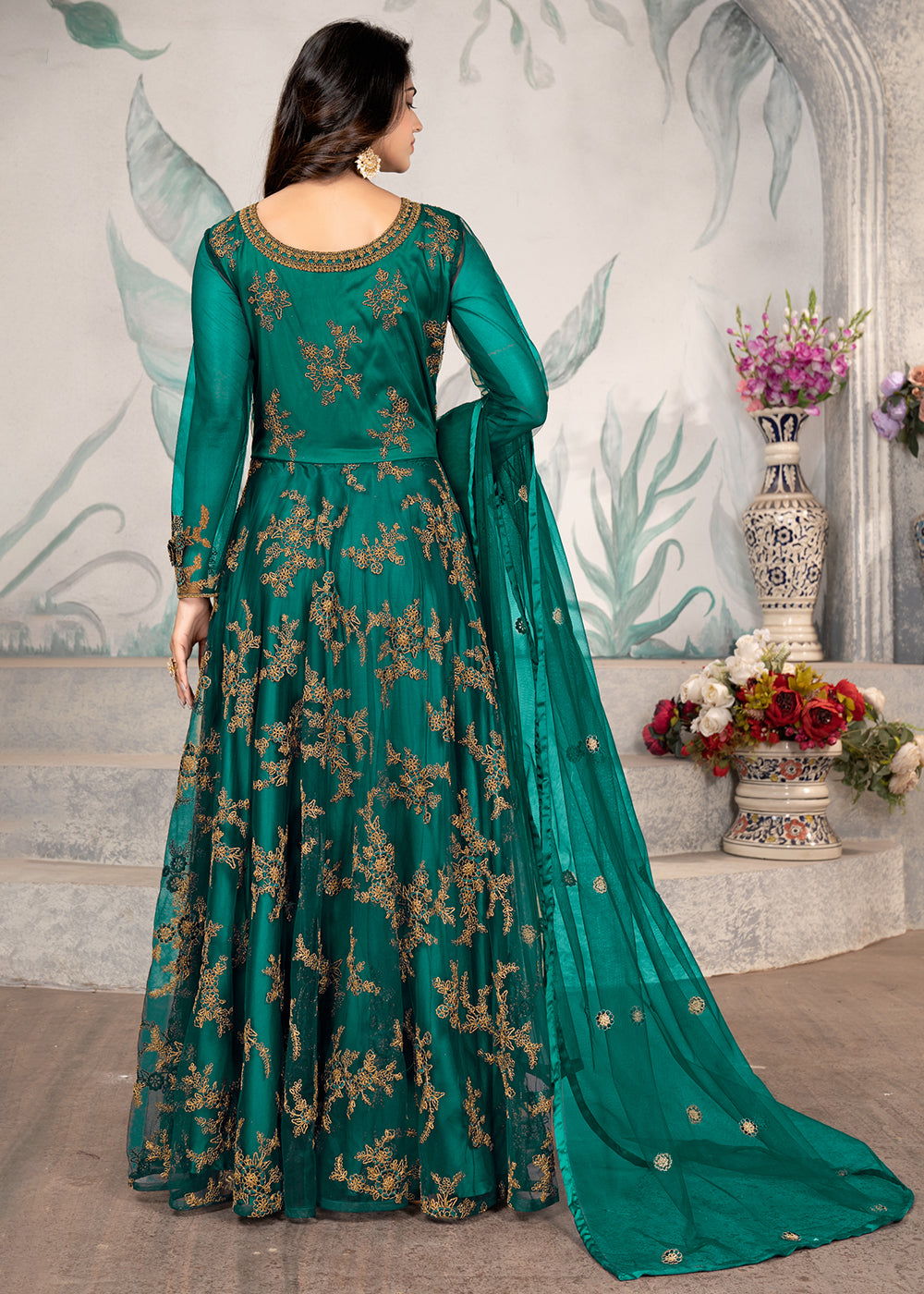 Buy Now Party Wear Green Thread & Sequins Work Anarkali Suit Online in USA, UK, Australia, New Zealand, Canada, Italy & Worldwide at Empress Clothing.