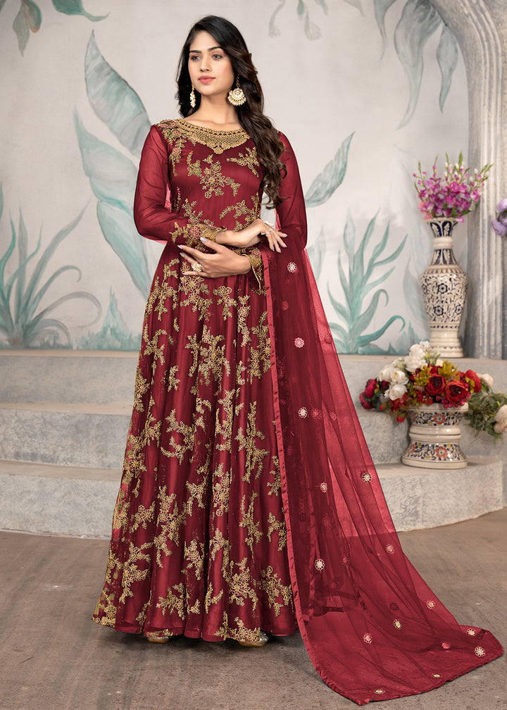 Buy Now Party Wear Maroon Thread & Sequins Work Anarkali Suit Online in USA, UK, Australia, New Zealand, Canada, Italy & Worldwide at Empress Clothing.