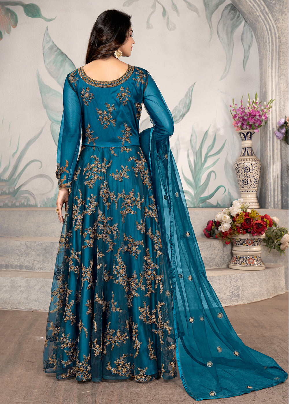 Buy Now Party Wear Rama Blue Thread & Sequins Work Anarkali Suit Online in USA, UK, Australia, New Zealand, Canada, Italy & Worldwide at Empress Clothing.