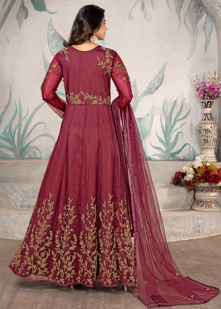 Buy Now Party Style Magenta Floral Zari Thread Embroidered Anarkali Suit Online in USA, UK, Australia, New Zealand, Canada, Italy & Worldwide at Empress Clothing.