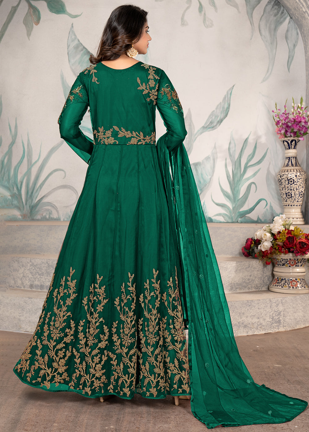 Buy Now Party Style Green Floral Zari Thread Embroidered Anarkali Suit Online in USA, UK, Australia, New Zealand, Canada, Italy & Worldwide at Empress Clothing. 