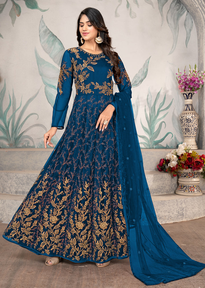 Buy Now Party Style Blue Floral Zari Thread Embroidered Anarkali Suit Online in USA, UK, Australia, New Zealand, Canada, Italy & Worldwide at Empress Clothing.