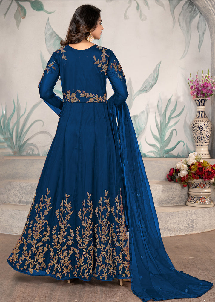 Buy Now Party Style Blue Floral Zari Thread Embroidered Anarkali Suit Online in USA, UK, Australia, New Zealand, Canada, Italy & Worldwide at Empress Clothing.