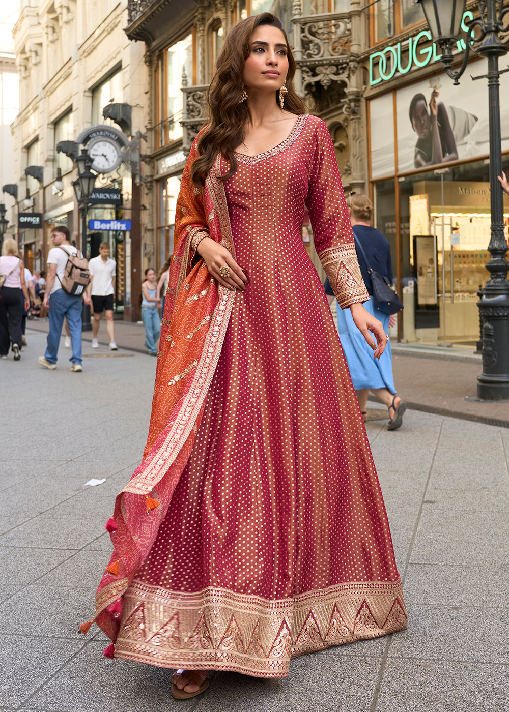 Buy Now Red Pure Viscose Jacquard Silk Festive Anarkali Gown Online in US, UK, Canada, France, Italy, Sweden, Ireland, Denmark, Greece & Worldwide at Empress.