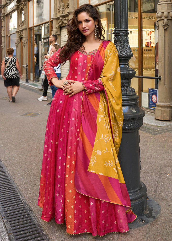 Buy Now Pink Pure Viscose Jacquard Silk Festive Anarkali Gown Online in US, UK, Canada, France, Italy, Sweden, Ireland, Denmark, Greece & Worldwide at Empress.