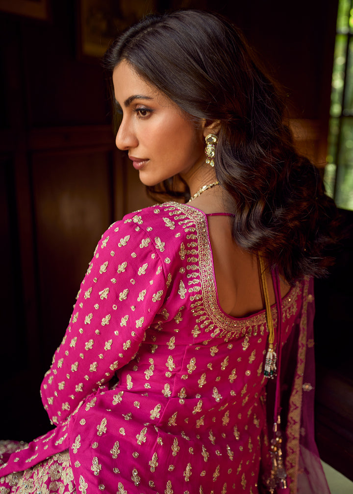 Buy Now Pink Georgette with Mirror Work Lehenga Style Suit Online in Utah, Toronto, Newark, Katy, Houston, Fremont, Dubai, Nevada, Kansas & Worldwide at Empress
