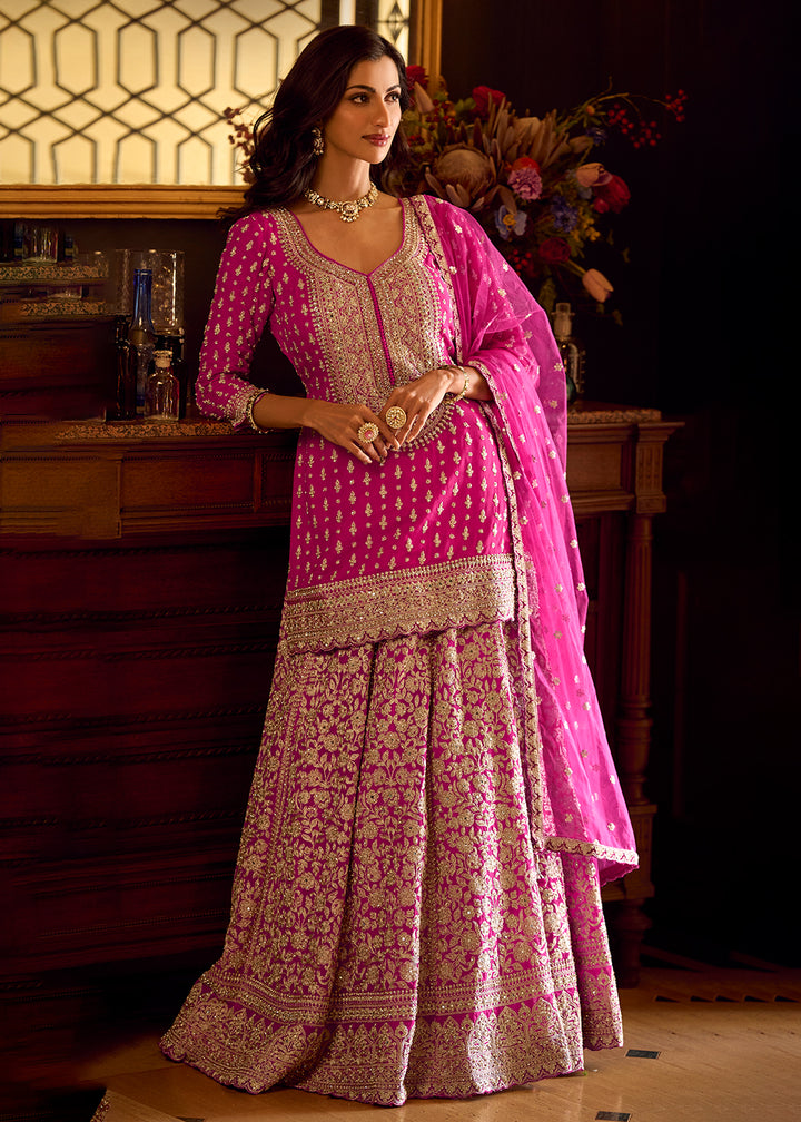 Buy Now Pink Georgette with Mirror Work Lehenga Style Suit Online in Utah, Toronto, Newark, Katy, Houston, Fremont, Dubai, Nevada, Kansas & Worldwide at Empress