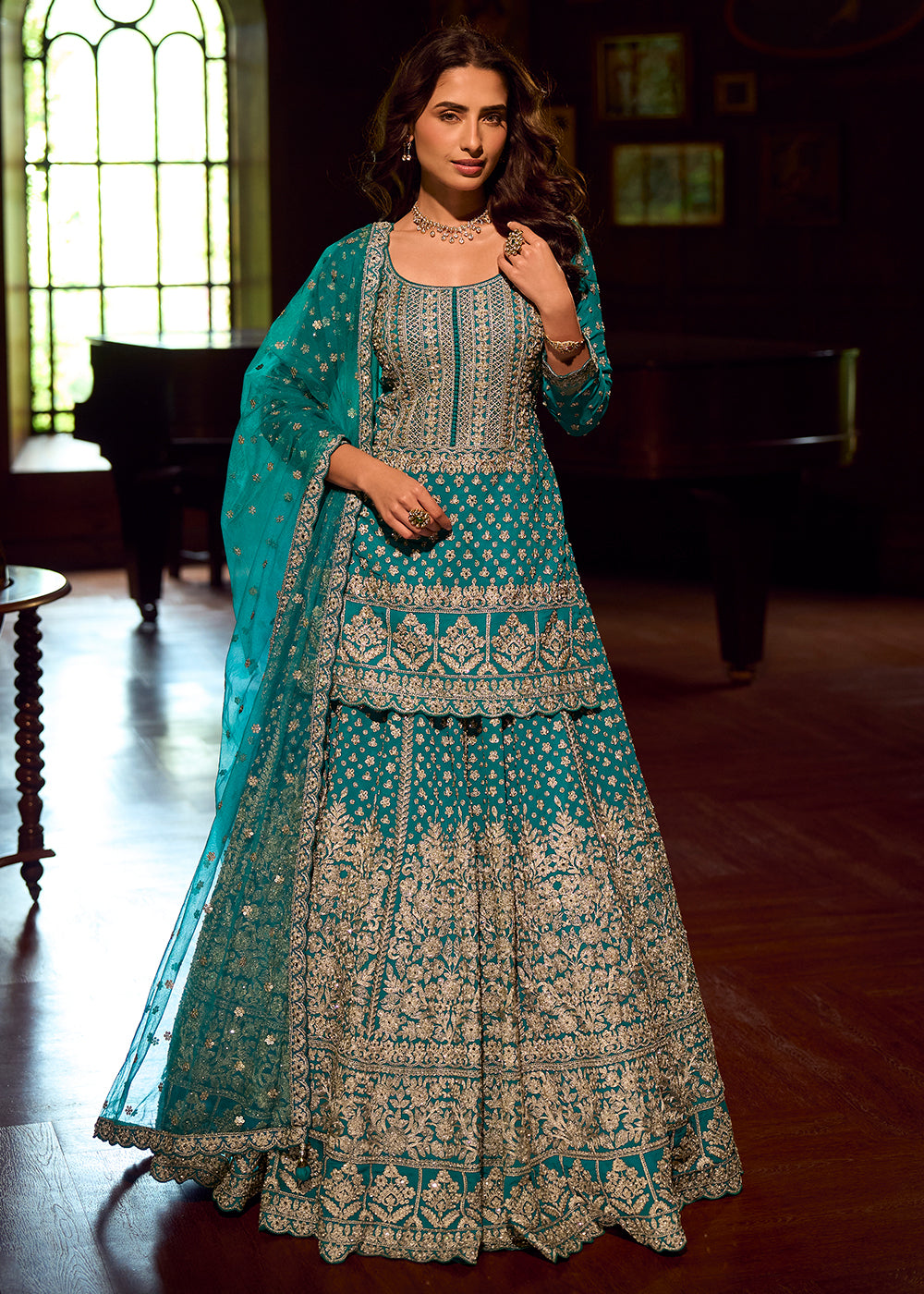 Buy Now Teal Georgette with Mirror Work Lehenga Style Suit Online in Utah, Toronto, Newark, Katy, Houston, Fremont, Dubai, Nevada, Kansas & Worldwide at Empress