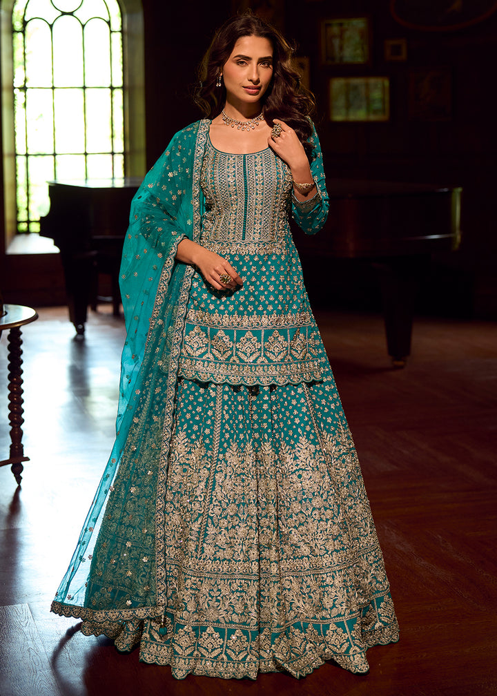 Buy Now Teal Georgette with Mirror Work Lehenga Style Suit Online in Utah, Toronto, Newark, Katy, Houston, Fremont, Dubai, Nevada, Kansas & Worldwide at Empress