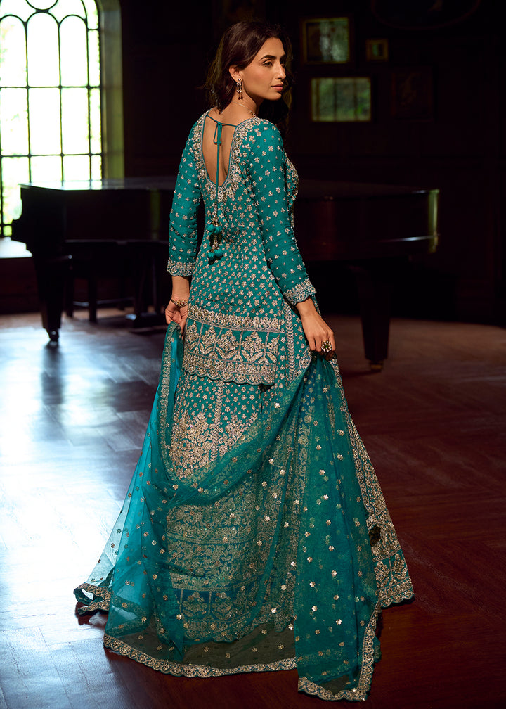 Buy Now Teal Georgette with Mirror Work Lehenga Style Suit Online in Utah, Toronto, Newark, Katy, Houston, Fremont, Dubai, Nevada, Kansas & Worldwide at Empress