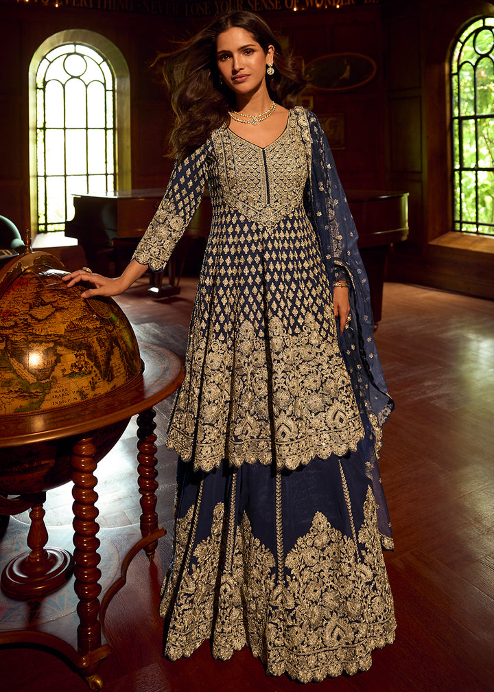 Buy Now Blue Georgette with Mirror Work Lehenga Style Suit Online in Utah, Toronto, Newark, Katy, Houston, Fremont, Dubai, Nevada, Kansas & Worldwide at Empress