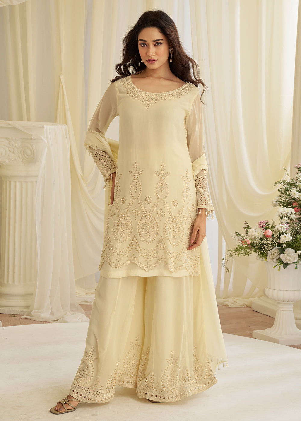 Shop Now Crepe Silk Cream Embroidered Wedding Wear Sharara Suit Online at Empress in USA, UK, Canada, Italy, Germany, France, Greece, Sweden, UAE & Worldwide.
