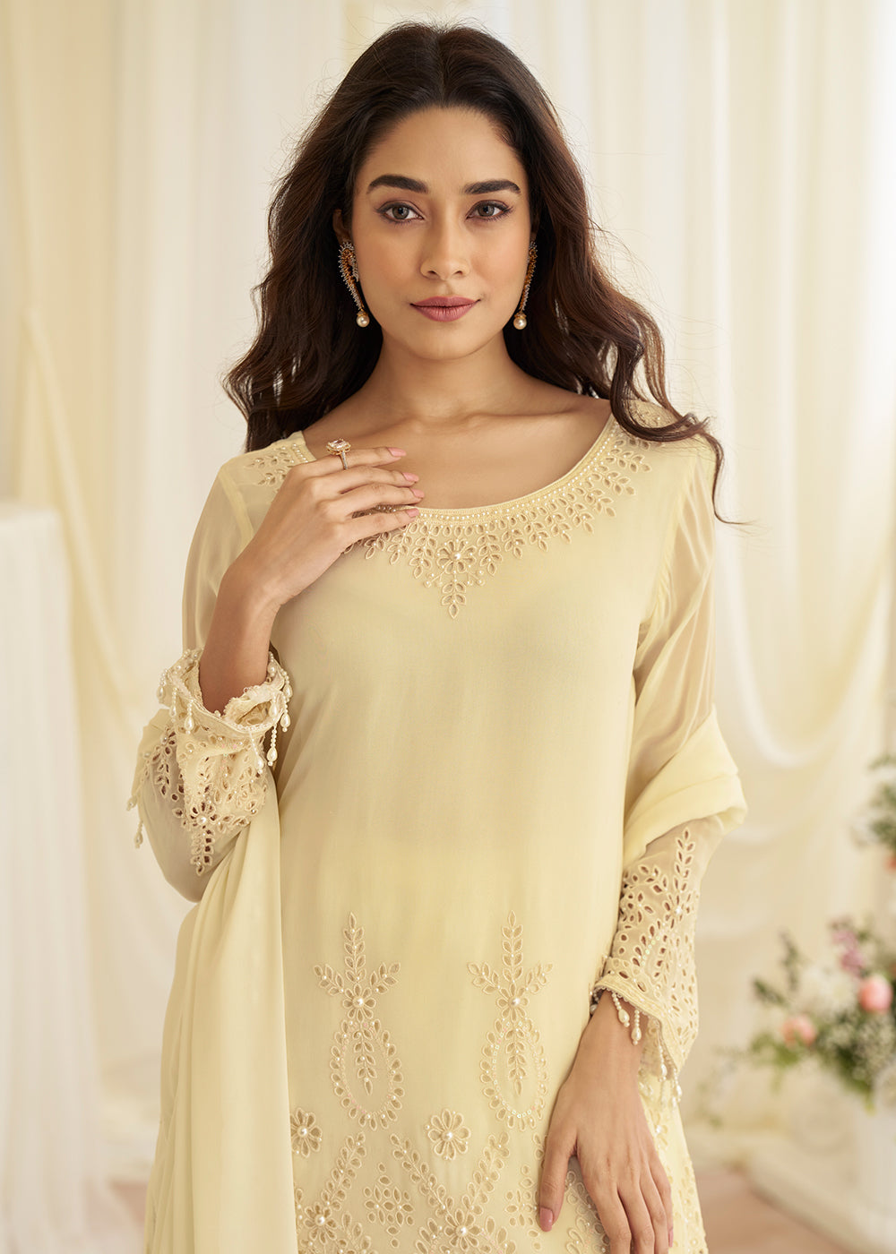 Shop Now Crepe Silk Cream Embroidered Wedding Wear Sharara Suit Online at Empress in USA, UK, Canada, Italy, Germany, France, Greece, Sweden, UAE & Worldwide.