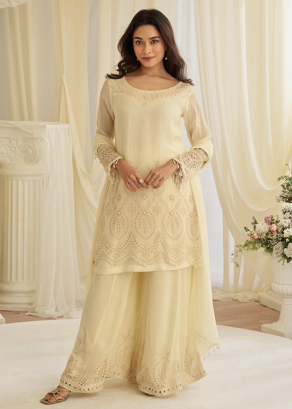 Shop Now Crepe Silk Cream Embroidered Wedding Wear Sharara Suit Online at Empress in USA, UK, Canada, Italy, Germany, France, Greece, Sweden, UAE & Worldwide.
