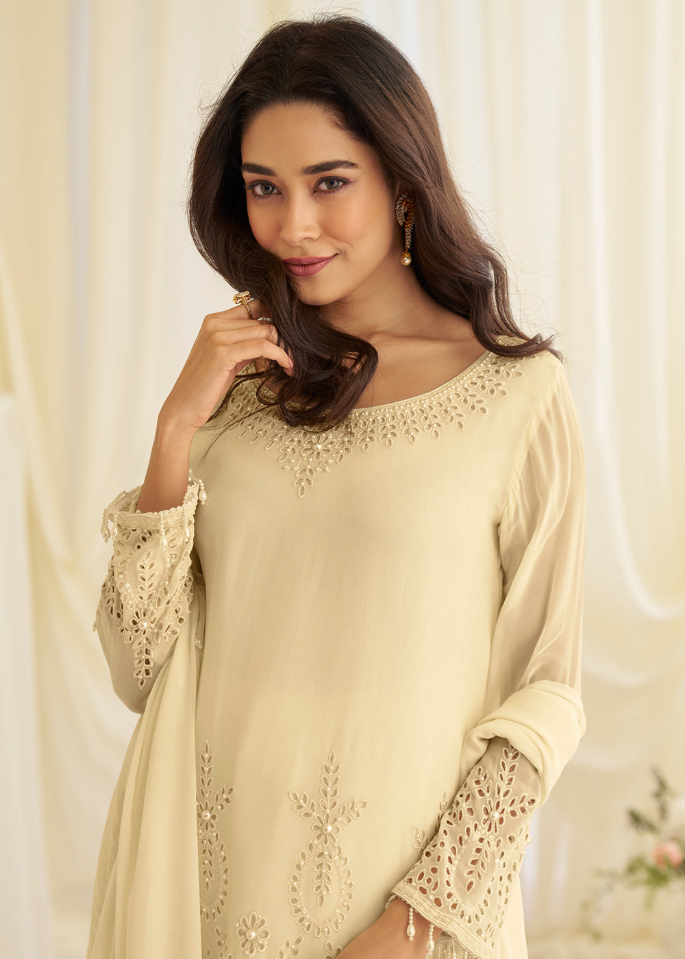 Shop Now Crepe Silk Cream Embroidered Wedding Wear Sharara Suit Online at Empress in USA, UK, Canada, Italy, Germany, France, Greece, Sweden, UAE & Worldwide.