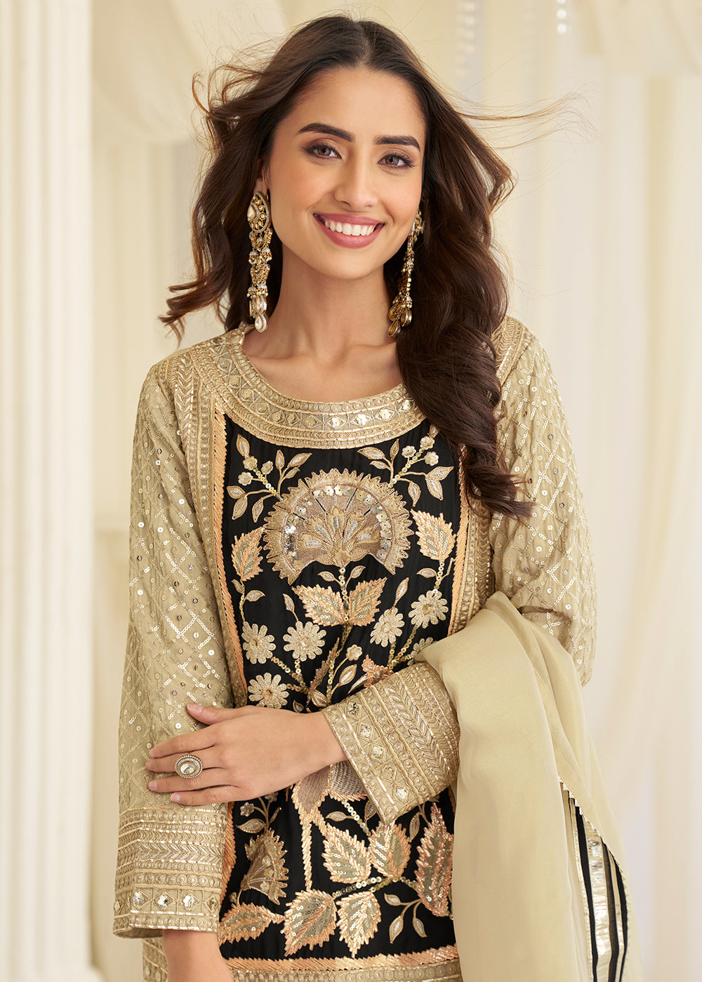 Buy Now Beige Crepe Silk Beads Embroidered Pant Style Salwar Suit Online in US, UK, Canada, Netherlands, Germany, Italy, France, Sweden, & Worldwide at Empress.