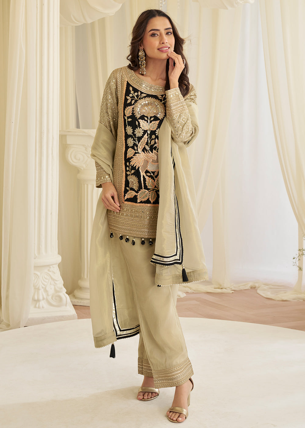 Buy Now Beige Crepe Silk Beads Embroidered Pant Style Salwar Suit Online in US, UK, Canada, Netherlands, Germany, Italy, France, Sweden, & Worldwide at Empress.