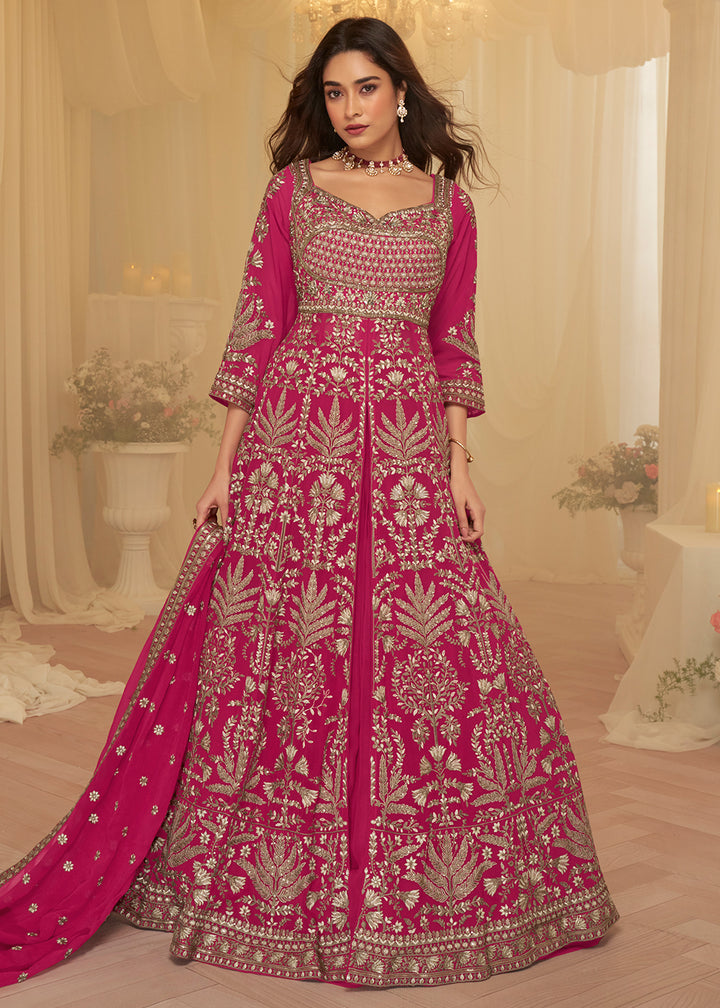 Buy Now Front Slit Rani Pink Lehenga Skirt Anarkali Suit Online in US, UK, Sweden, Denmark, Greece, Germany, Canada, Austria, Maldives & Worldwide at Empress.