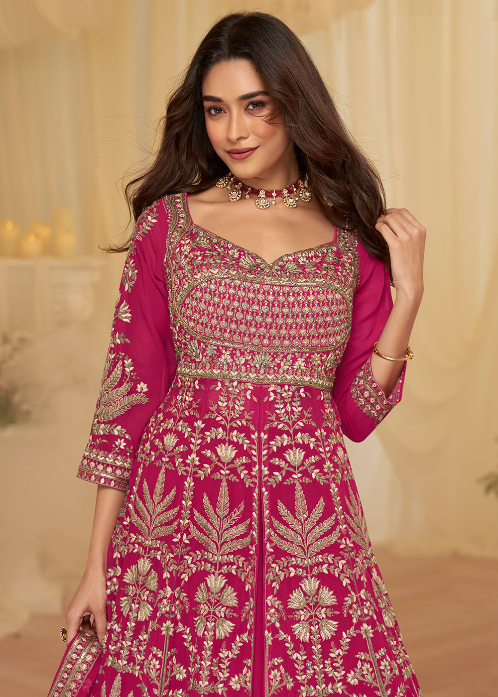 Buy Now Front Slit Rani Pink Lehenga Skirt Anarkali Suit Online in US, UK, Sweden, Denmark, Greece, Germany, Canada, Austria, Maldives & Worldwide at Empress.