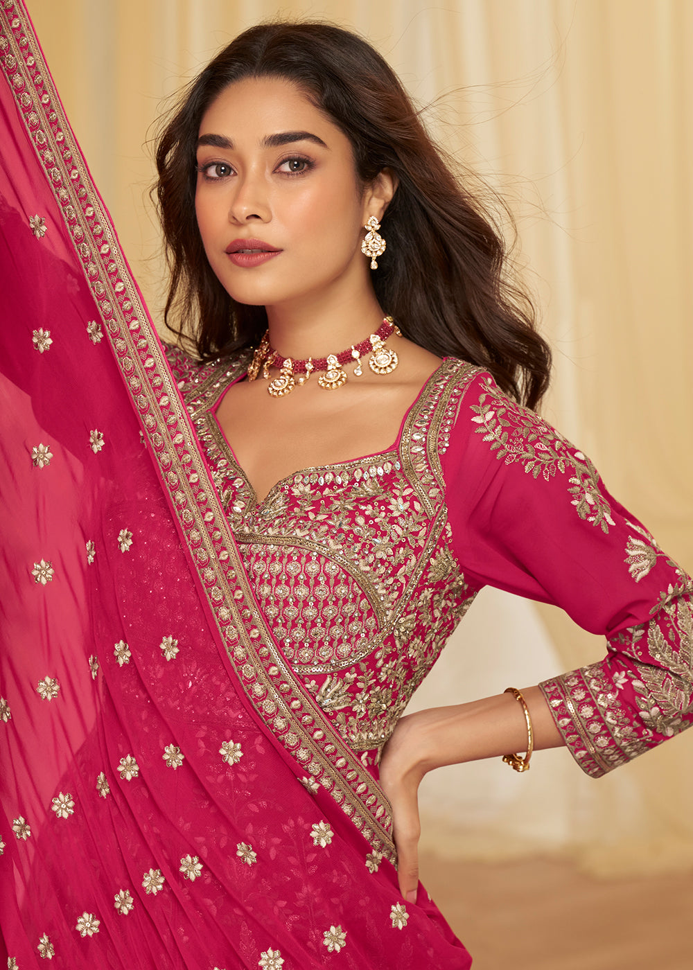 Buy Now Front Slit Rani Pink Lehenga Skirt Anarkali Suit Online in US, UK, Sweden, Denmark, Greece, Germany, Canada, Austria, Maldives & Worldwide at Empress.