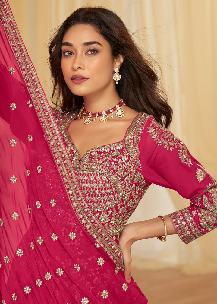 Buy Now Front Slit Rani Pink Lehenga Skirt Anarkali Suit Online in US, UK, Sweden, Denmark, Greece, Germany, Canada, Austria, Maldives & Worldwide at Empress.