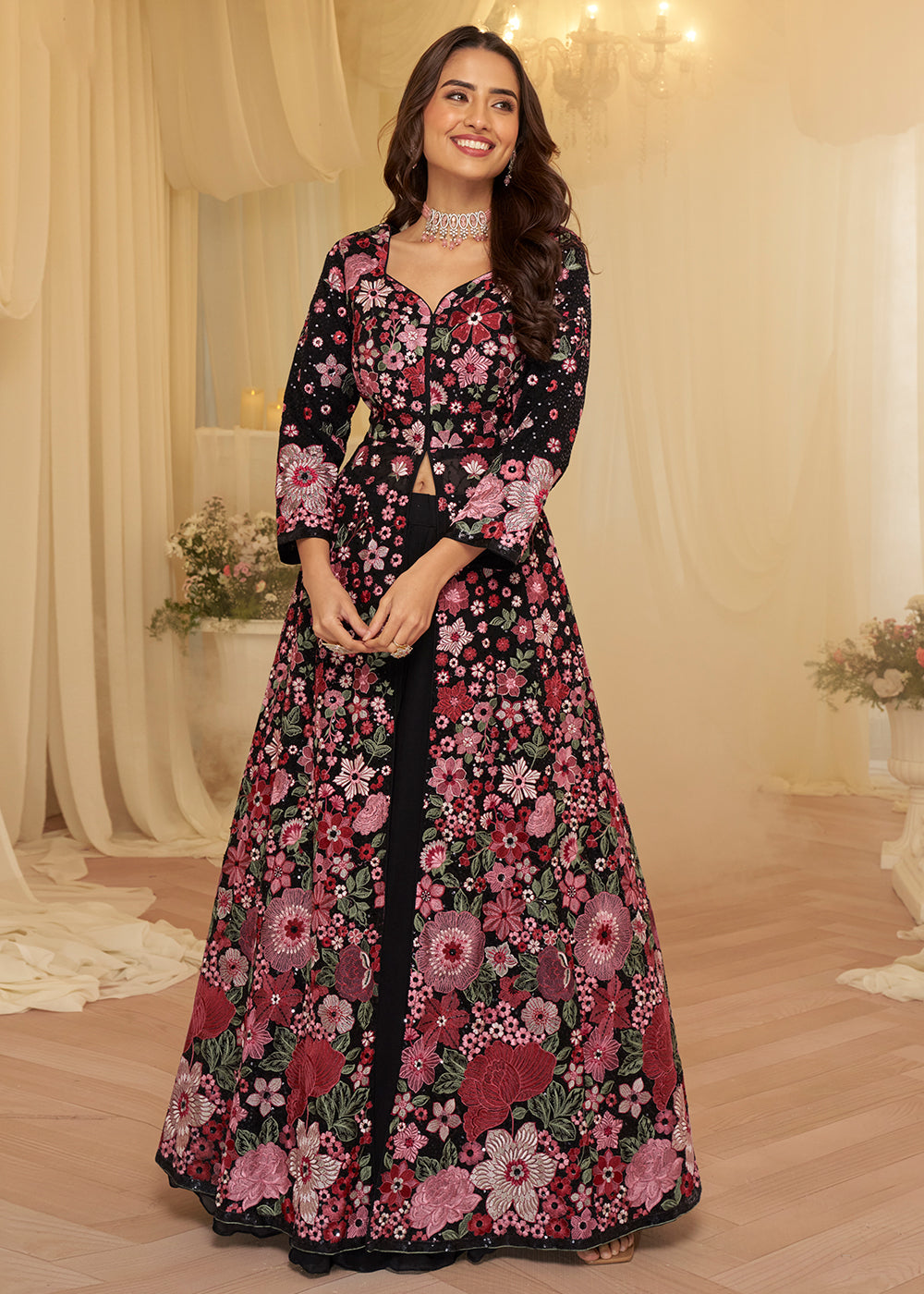 Buy Now Front Slit Black Lehenga Skirt Anarkali Suit Online in US, UK, Sweden, Denmark, Greece, Germany, Canada, Austria, Maldives, UAE & Worldwide at Empress.