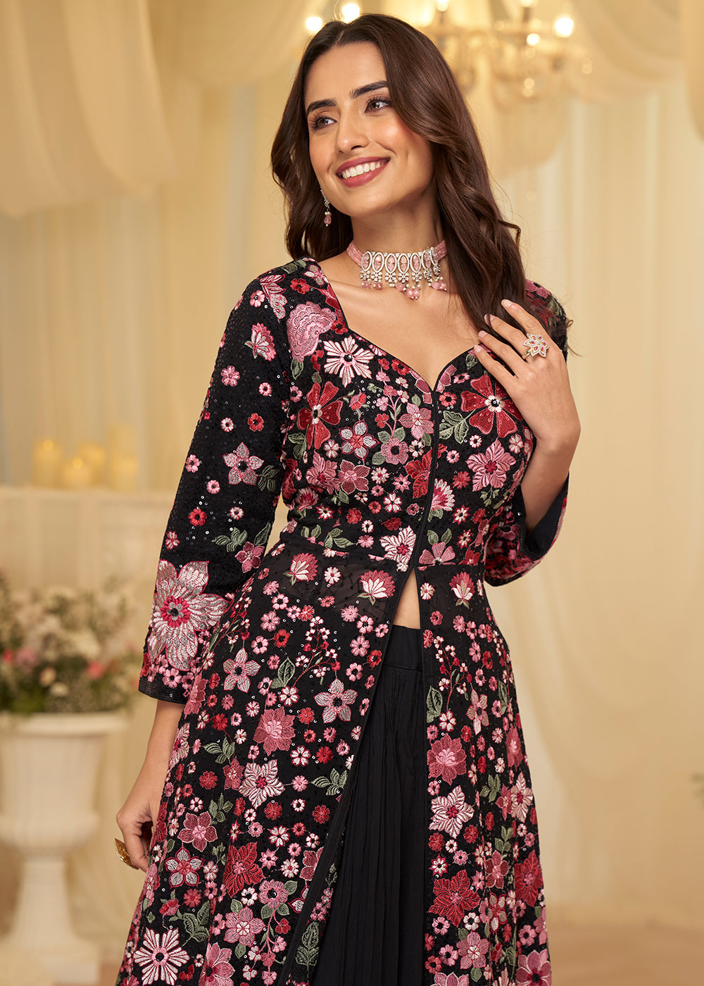 Buy Now Front Slit Black Lehenga Skirt Anarkali Suit Online in US, UK, Sweden, Denmark, Greece, Germany, Canada, Austria, Maldives, UAE & Worldwide at Empress.