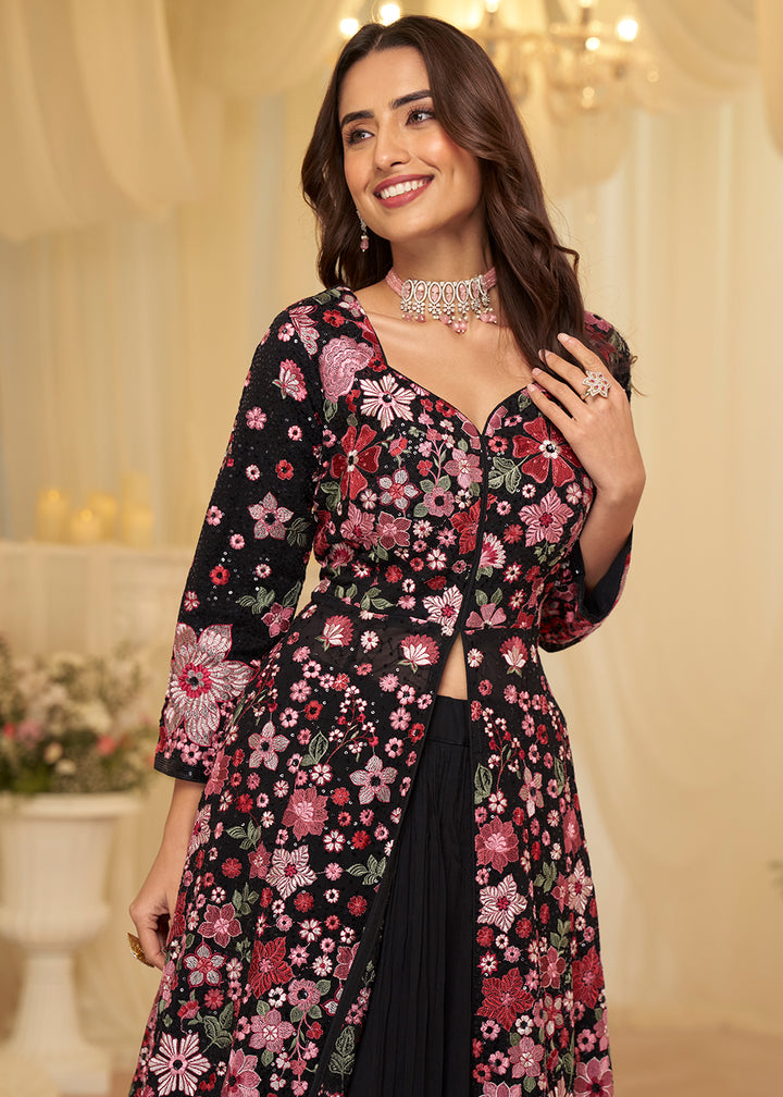 Buy Now Front Slit Black Lehenga Skirt Anarkali Suit Online in US, UK, Sweden, Denmark, Greece, Germany, Canada, Austria, Maldives, UAE & Worldwide at Empress.