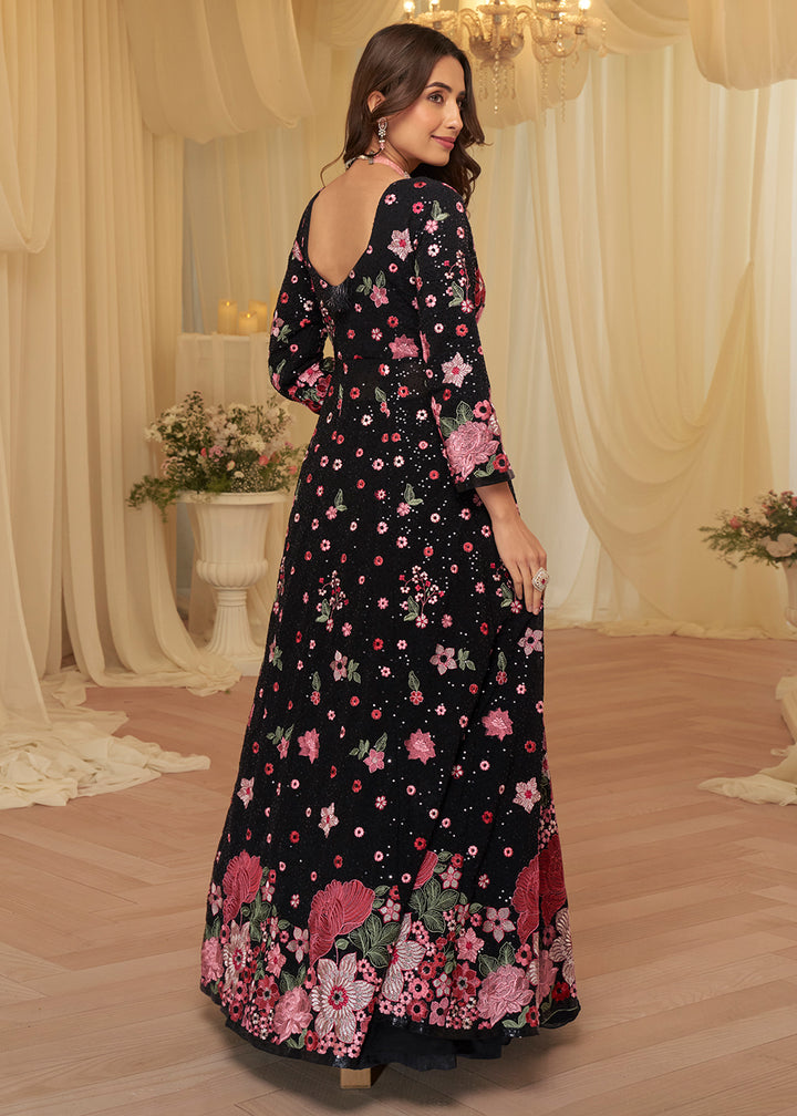 Buy Now Front Slit Black Lehenga Skirt Anarkali Suit Online in US, UK, Sweden, Denmark, Greece, Germany, Canada, Austria, Maldives, UAE & Worldwide at Empress.