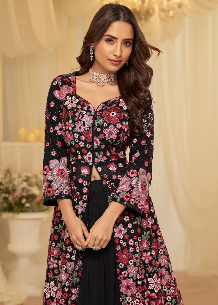 Buy Now Front Slit Black Lehenga Skirt Anarkali Suit Online in US, UK, Sweden, Denmark, Greece, Germany, Canada, Austria, Maldives, UAE & Worldwide at Empress.