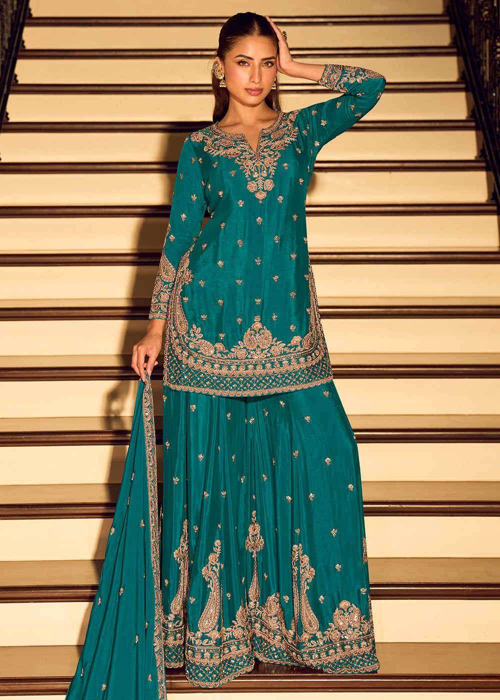 Shop Now Rama Heavy Beads Work Wedding Sharara Suit Online at Empress in USA, UK, Canada, Germany, Australia, Sweden, Denmark, UAE, Qatar, Africa & Worldwide.