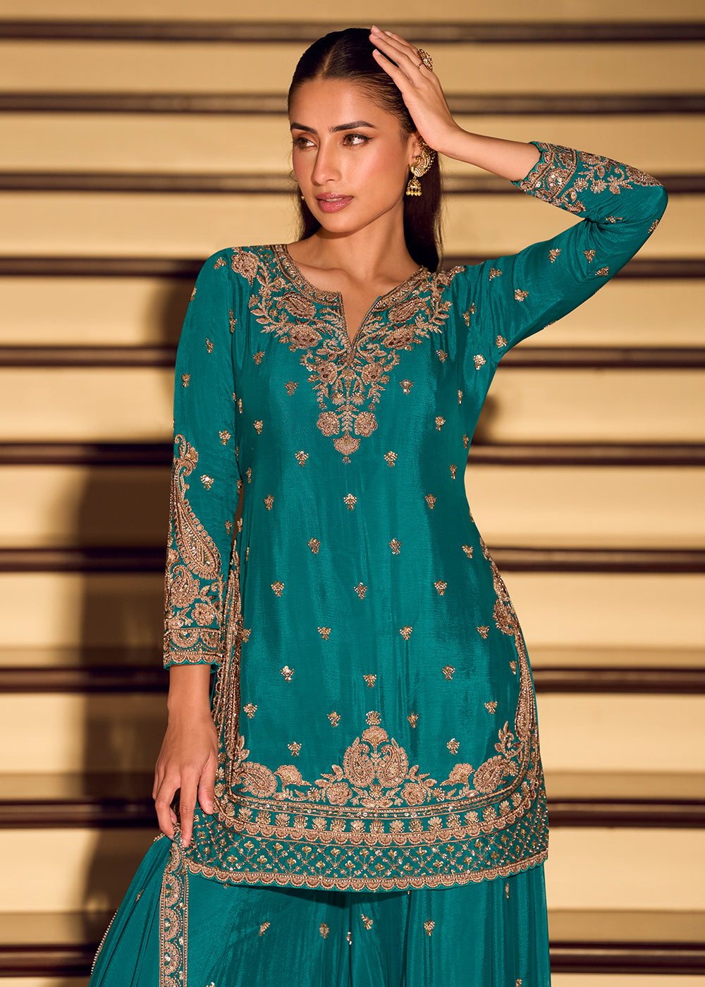 Shop Now Rama Heavy Beads Work Wedding Sharara Suit Online at Empress in USA, UK, Canada, Germany, Australia, Sweden, Denmark, UAE, Qatar, Africa & Worldwide.