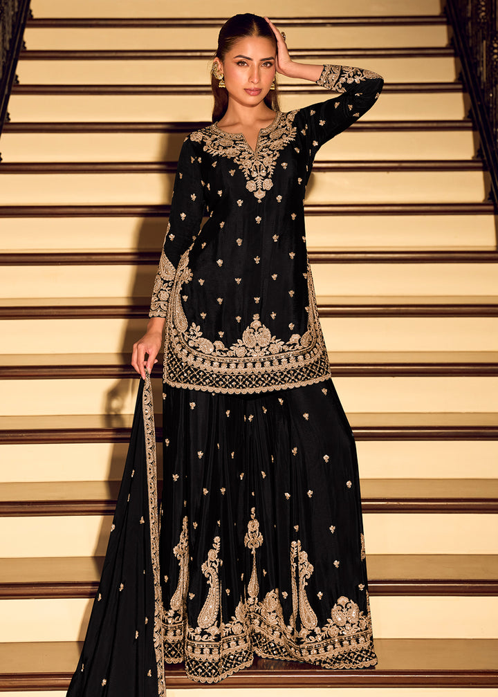 Shop NowGold Embroidered Black Eid Style Sharara Suit Online at Empress in US, UK, Canada, Germany, Australia, Sweden, Denmark, Qatar, Africa, UAE & Worldwide.