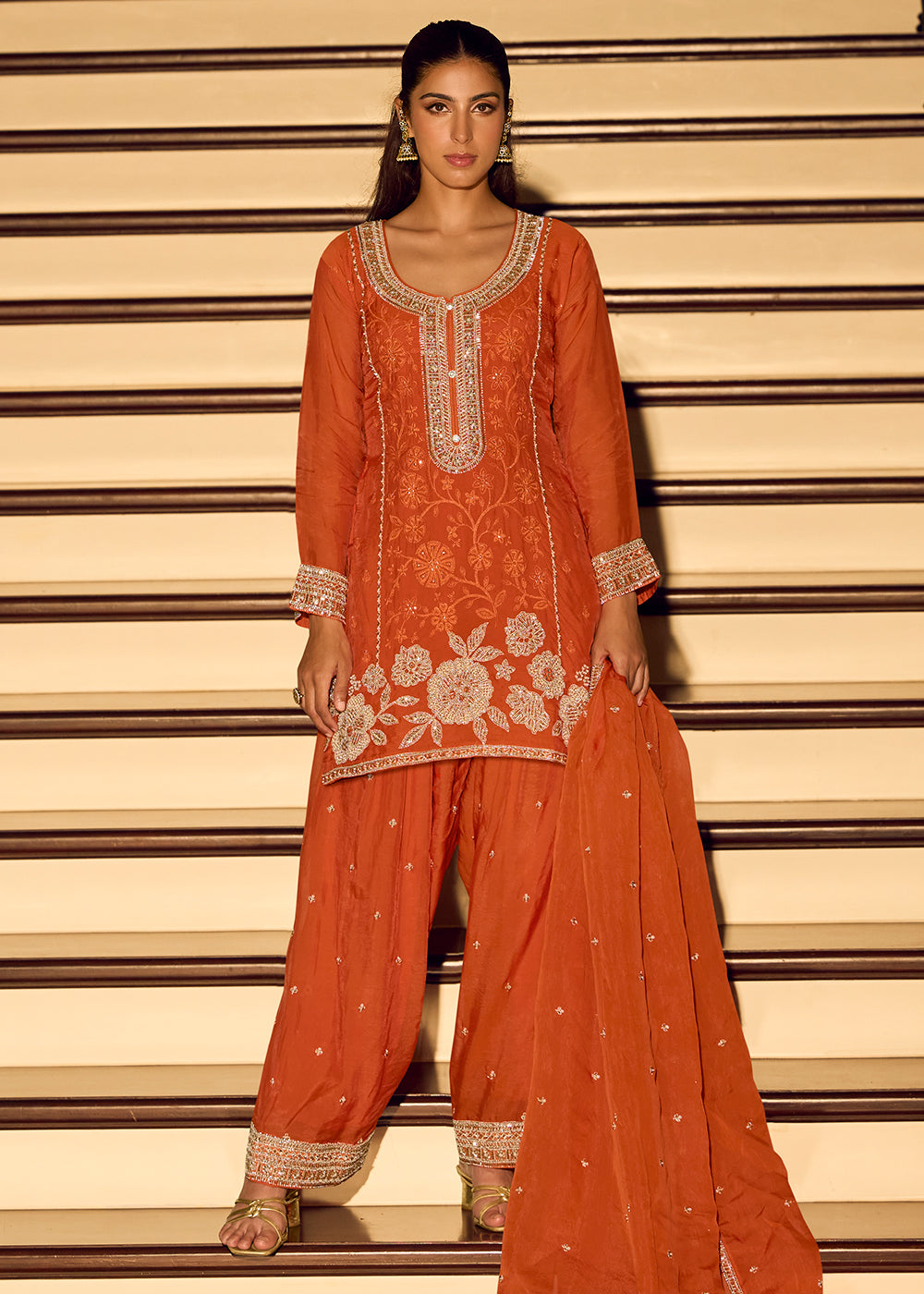 Buy Now Orange Heavy Beads Work Wedding Trouser Suit Online in New York, Los Angeles, San Jose, Chicago, Houston, Fremont, Dubai, Utah & Worldwide at Empress.