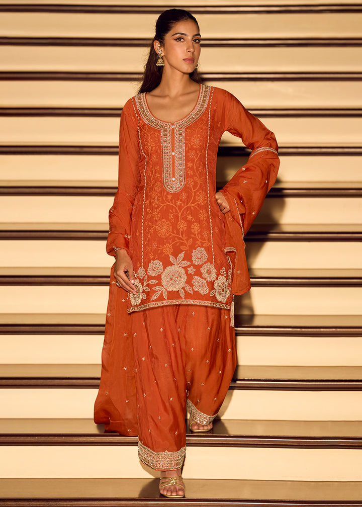 Buy Now Orange Heavy Beads Work Wedding Trouser Suit Online in New York, Los Angeles, San Jose, Chicago, Houston, Fremont, Dubai, Utah & Worldwide at Empress.