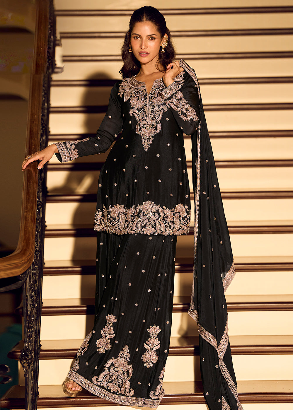 Shop Now Black Heavy Beads Work Wedding Sharara Suit Online at Empress in USA, UK, Canada, Germany, Australia, Sweden, Denmark, UAE, Qatar, Africa & Worldwide.