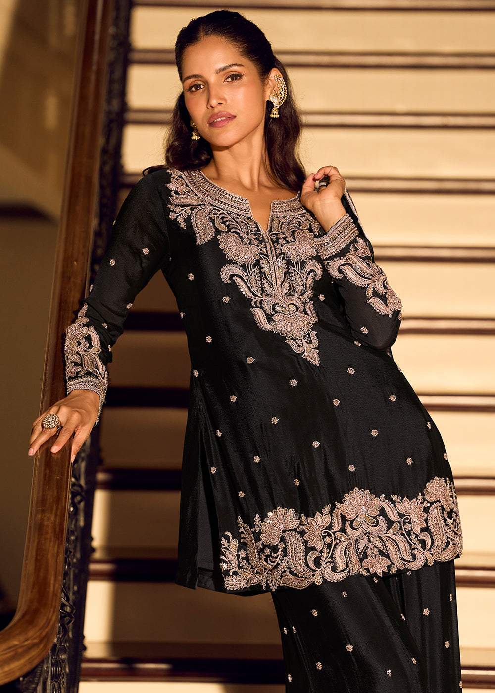 Shop Now Black Heavy Beads Work Wedding Sharara Suit Online at Empress in USA, UK, Canada, Germany, Australia, Sweden, Denmark, UAE, Qatar, Africa & Worldwide.