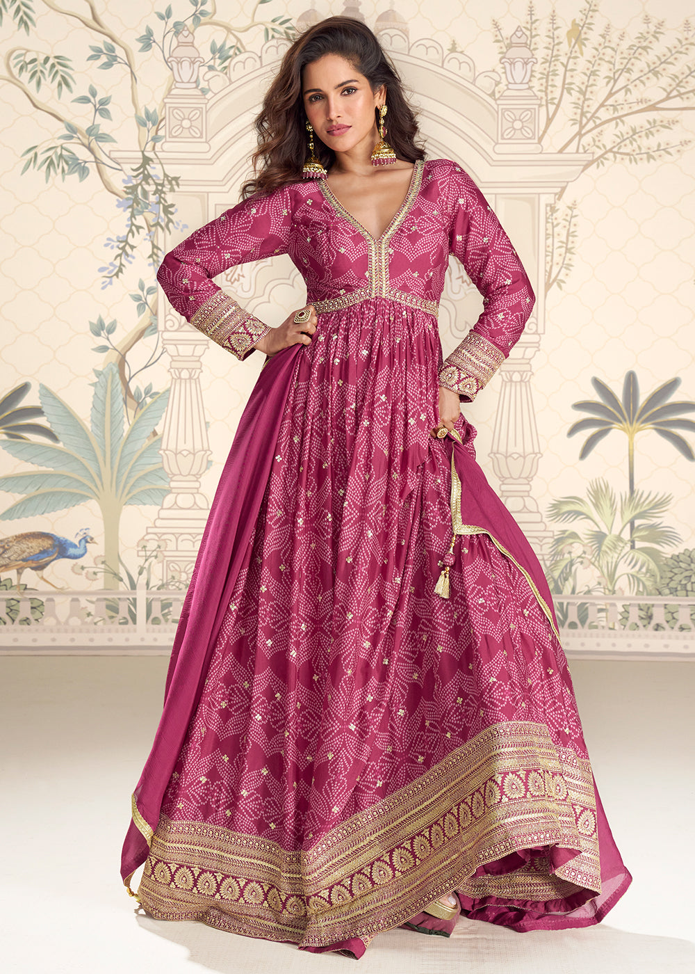 Buy Now Wedding Festive Digital Printed Pink Anarkali Gown Online in US, UK, Canada, France, Italy, Sweden, Ireland, Denmark, UAE, Qatar & Worldwide at Empress.