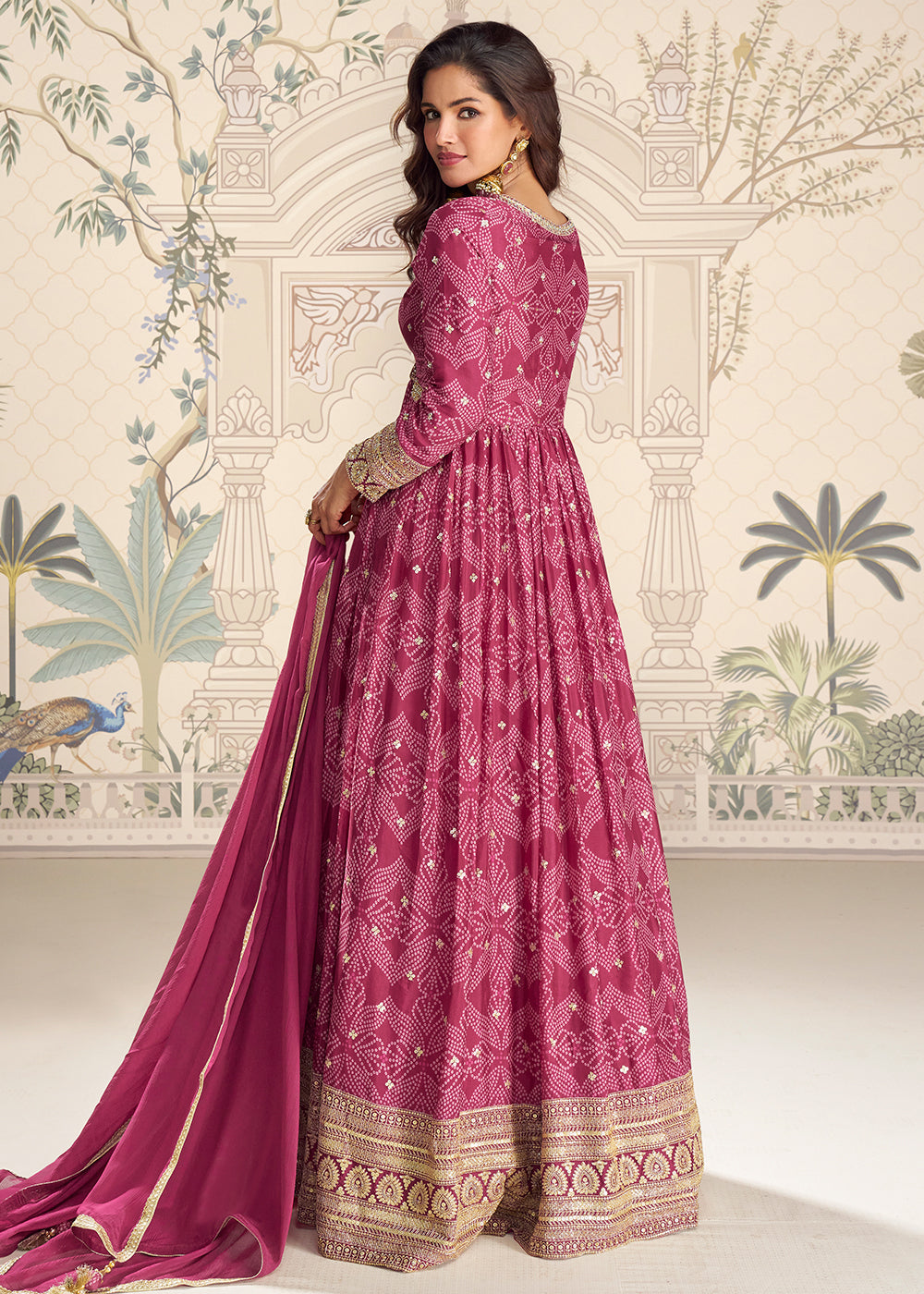 Buy Now Wedding Festive Digital Printed Pink Anarkali Gown Online in US, UK, Canada, France, Italy, Sweden, Ireland, Denmark, UAE, Qatar & Worldwide at Empress.
