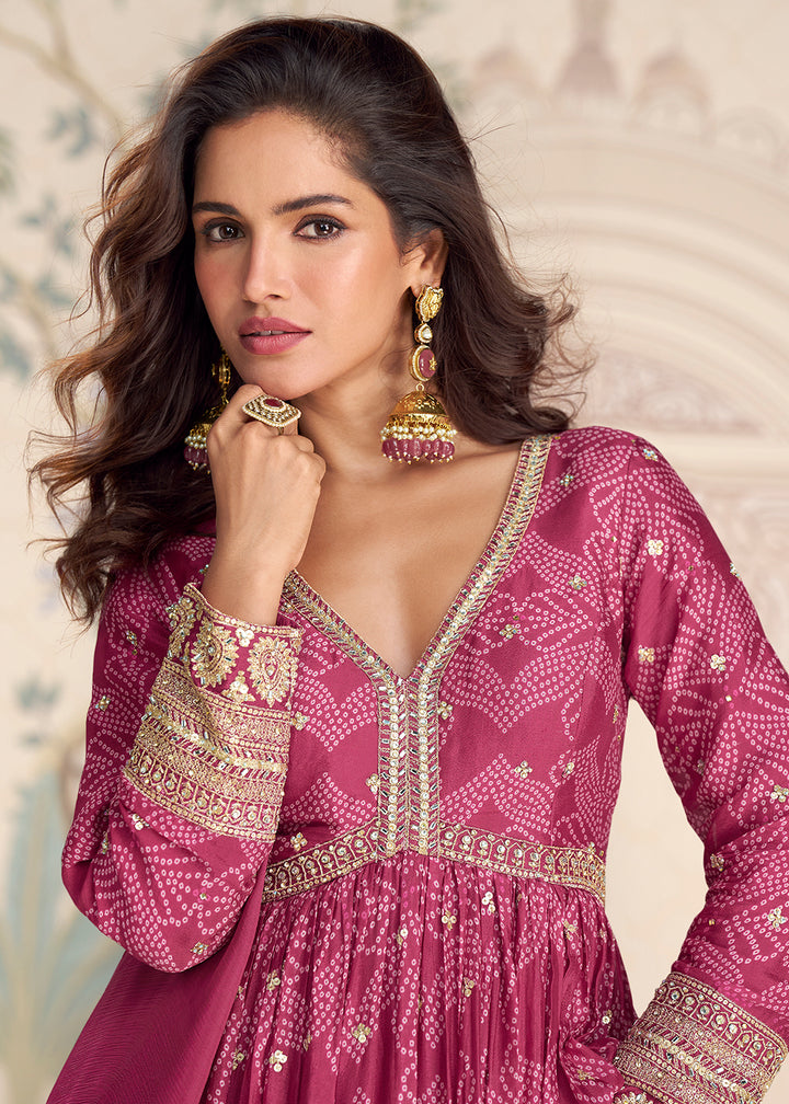 Buy Now Wedding Festive Digital Printed Pink Anarkali Gown Online in US, UK, Canada, France, Italy, Sweden, Ireland, Denmark, UAE, Qatar & Worldwide at Empress.