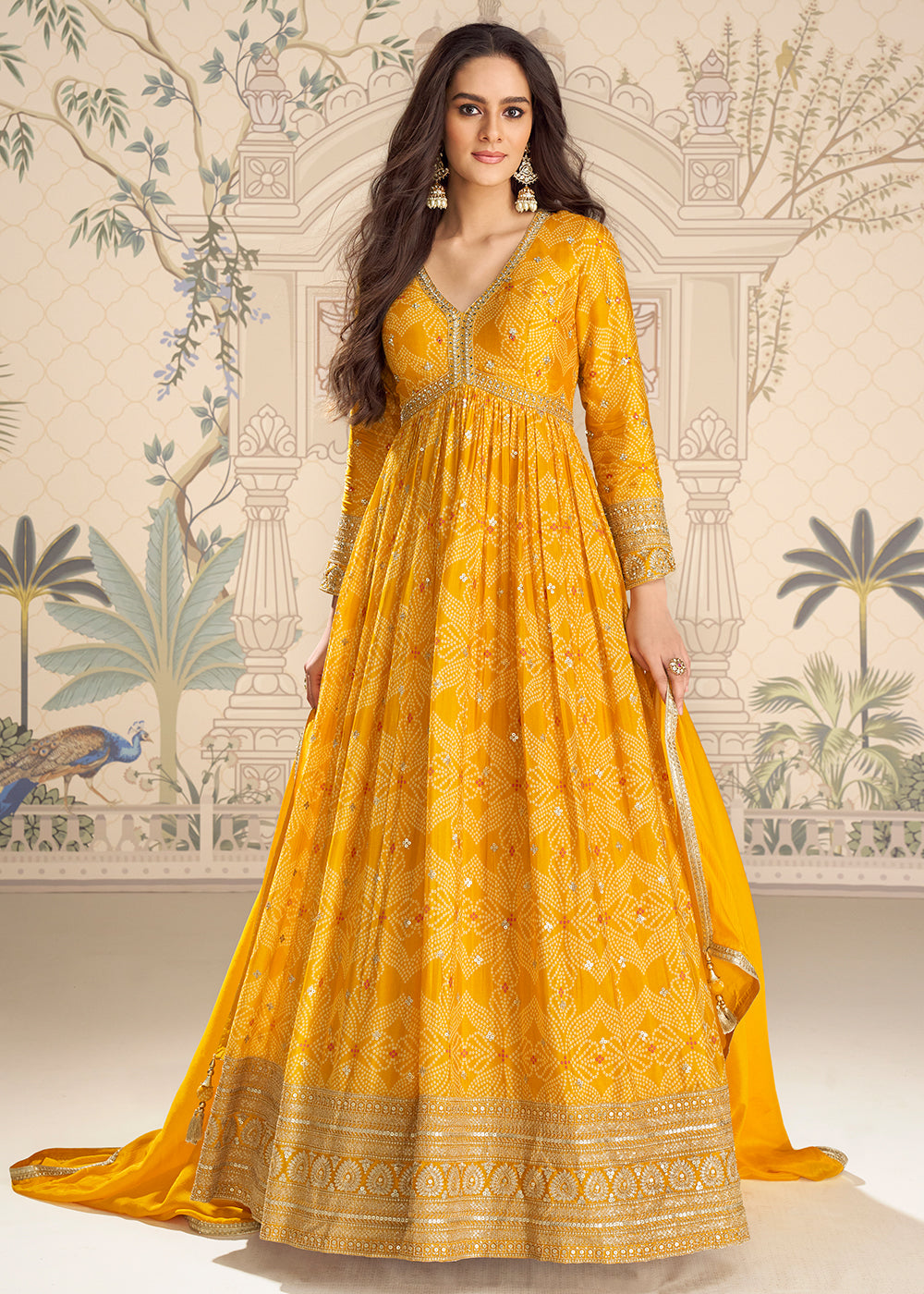 Buy Now Wedding Festive Digital Printed Yellow Anarkali Gown Online in US, UK, Canada, France, Italy, Sweden, Ireland, Denmark, UAE & Worldwide at Empress.