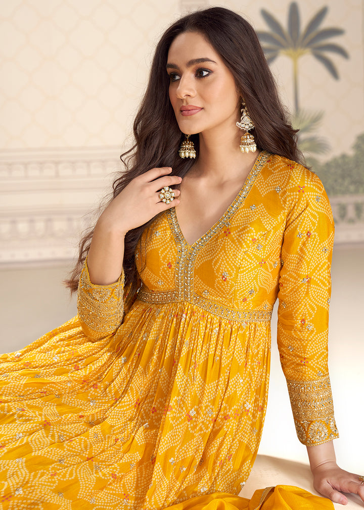 Buy Now Wedding Festive Digital Printed Yellow Anarkali Gown Online in US, UK, Canada, France, Italy, Sweden, Ireland, Denmark, UAE & Worldwide at Empress.