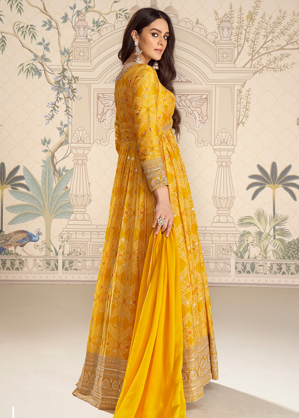 Buy Now Wedding Festive Digital Printed Yellow Anarkali Gown Online in US, UK, Canada, France, Italy, Sweden, Ireland, Denmark, UAE & Worldwide at Empress.