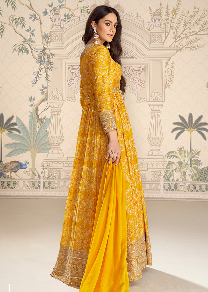 Buy Now Wedding Festive Digital Printed Yellow Anarkali Gown Online in US, UK, Canada, France, Italy, Sweden, Ireland, Denmark, UAE & Worldwide at Empress.