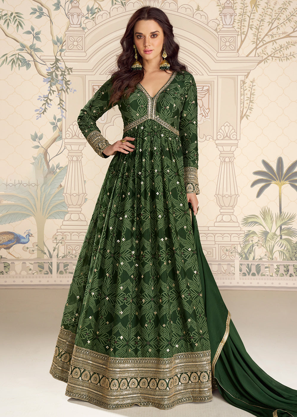Buy Now Wedding Festive Digital Printed Green Anarkali Gown Online in US, UK, Canada, France, Italy, Sweden, Ireland, Denmark, UAE, Qatar & Worldwide at Empress.