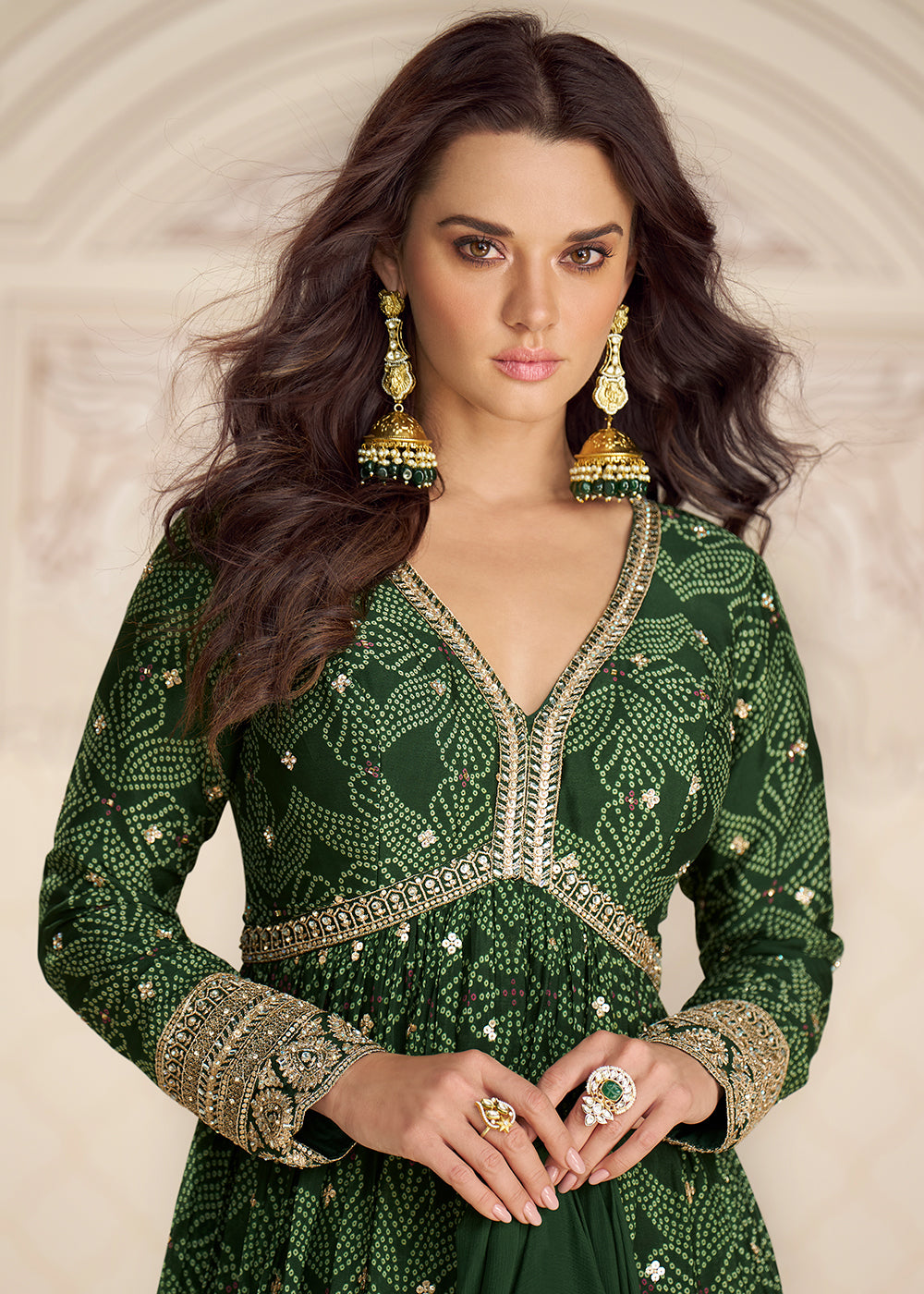 Buy Now Wedding Festive Digital Printed Green Anarkali Gown Online in US, UK, Canada, France, Italy, Sweden, Ireland, Denmark, UAE, Qatar & Worldwide at Empress.