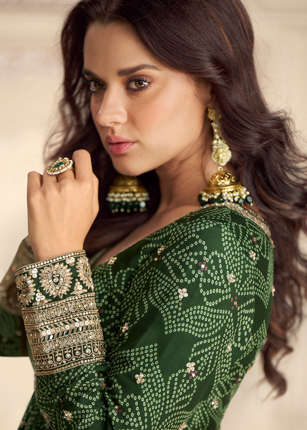 Buy Now Wedding Festive Digital Printed Green Anarkali Gown Online in US, UK, Canada, France, Italy, Sweden, Ireland, Denmark, UAE, Qatar & Worldwide at Empress.