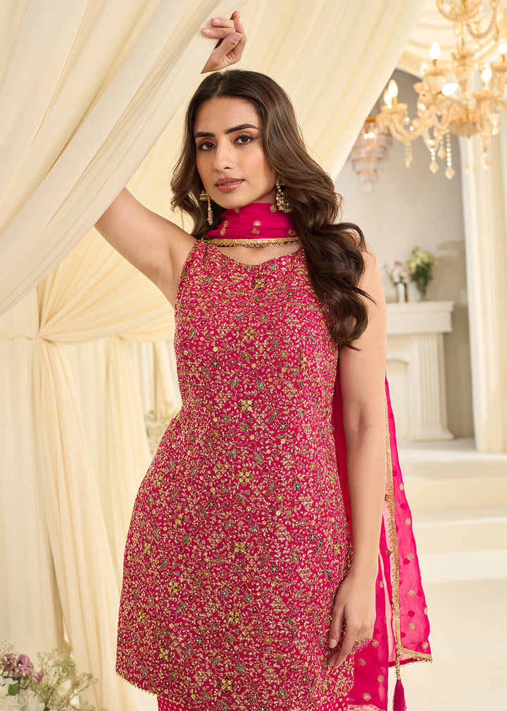 Shop Now Pink Premium Georgette Swarovski Zarkan Festive Gharara Suit Online at Empress in US, UK, Canada, Germany, Australia, Sweden, Denmark, UAE & Worldwide.